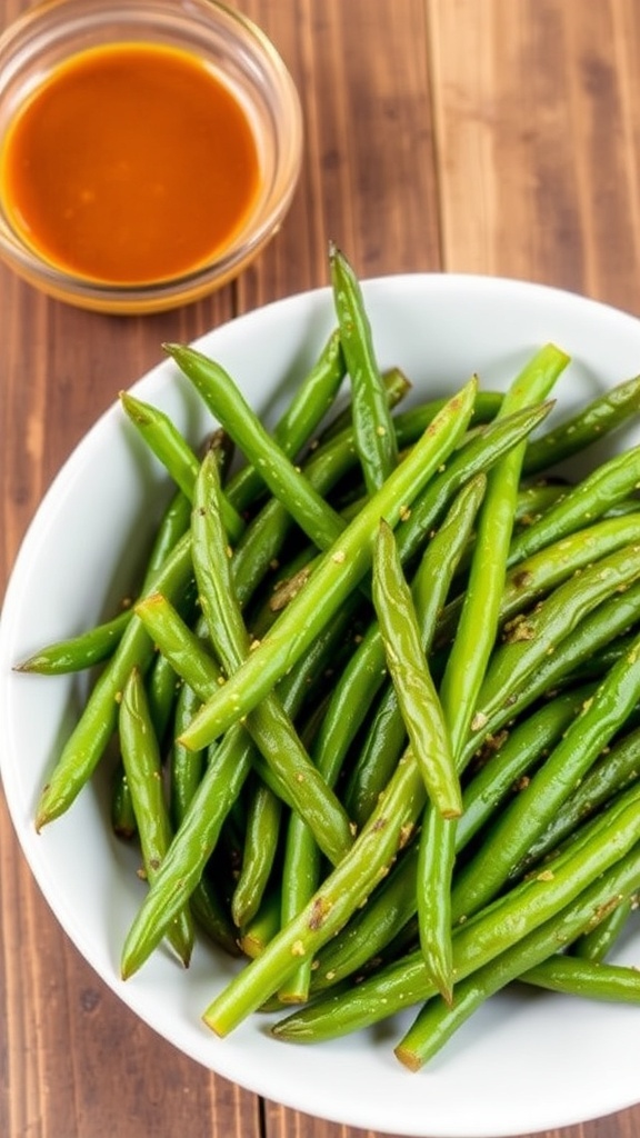 Crispy Air Fryer Frozen Green Beans Recipe Crispy air-fried green beans in a bowl with seasonings on a wooden table.